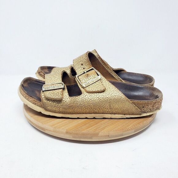 Birkenstock Arizona 38 Womens 7 Sandals Gold Pebble Leather Reptile Buckle Slide - Picture 1 of 12